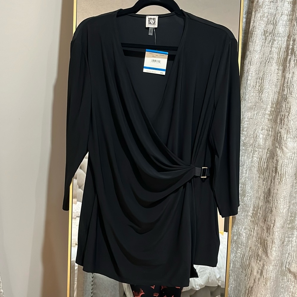 NWT Anne Klein Faux Wrap Black Top size XL
